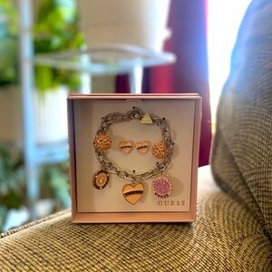 Guess Gold Tone Charm Bracelet and Heart EarrBox Set